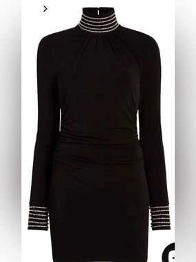 cinq a sept Black Long-Sleeve Ruched Mini Dress with Embellished Neck and Cuffs